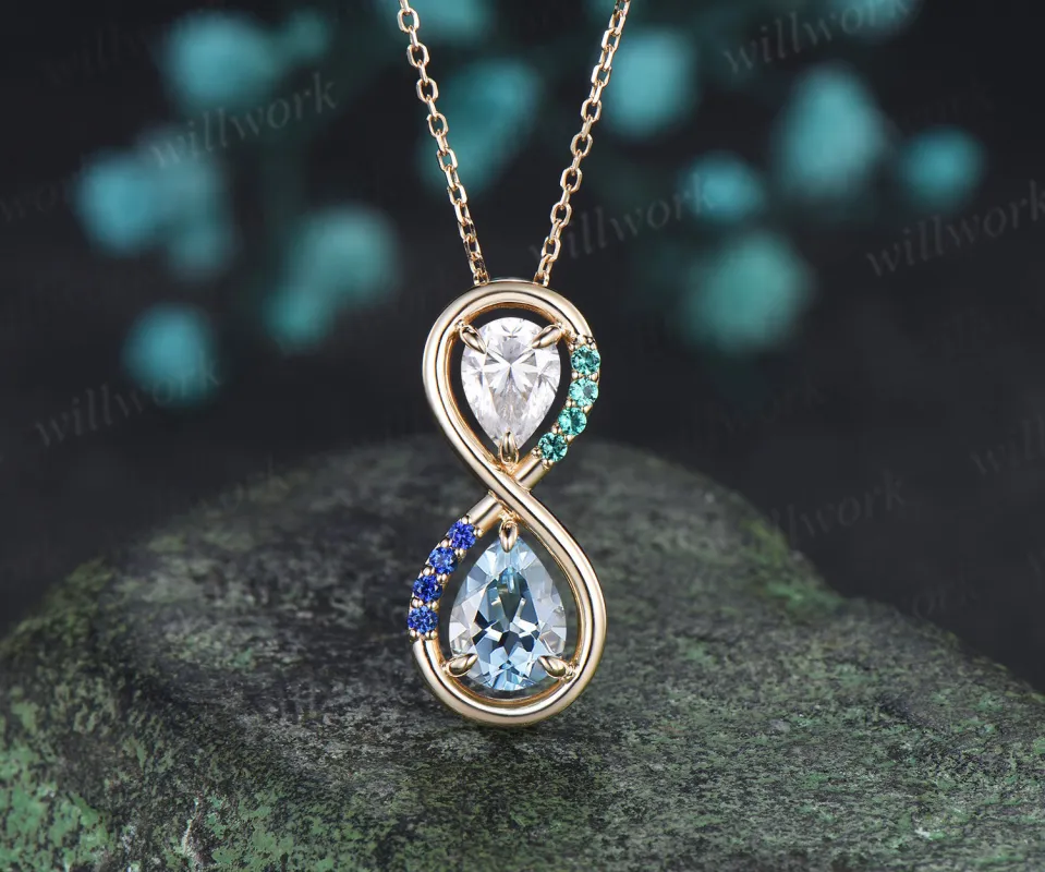 Pear cut moissanite aquamarine infinity necklace toi et moi couple accent emerald sapphire pendant necklace sold by Willwork Jewelry