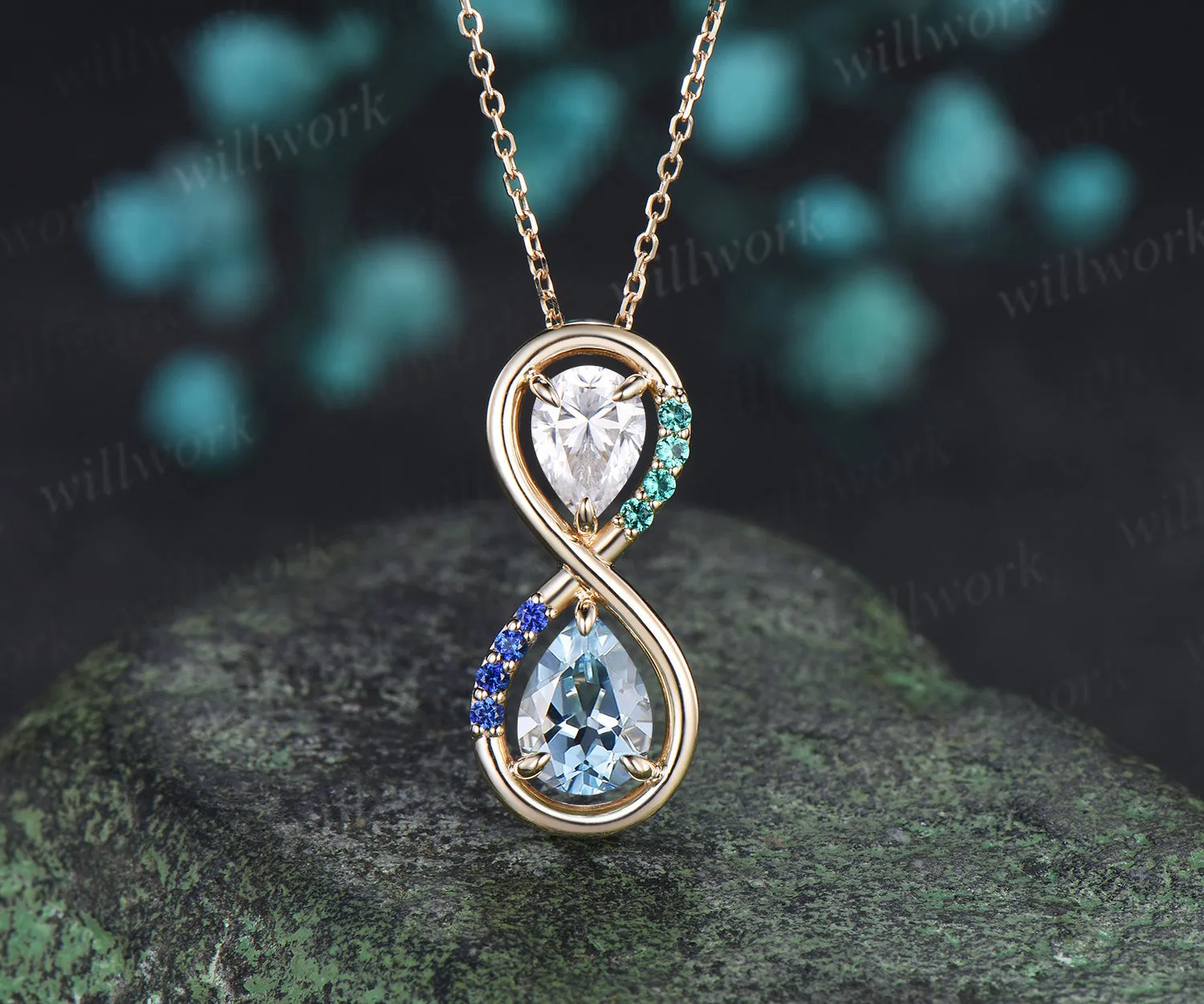 Pear cut moissanite aquamarine infinity necklace toi et moi couple accent emerald sapphire pendant necklace sold by Willwork Jewelry