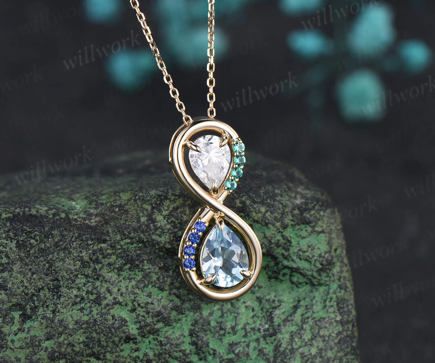 Pear cut moissanite aquamarine infinity necklace toi et moi couple accent emerald sapphire pendant necklace sold by Willwork Jewelry product image thumbnail 4
