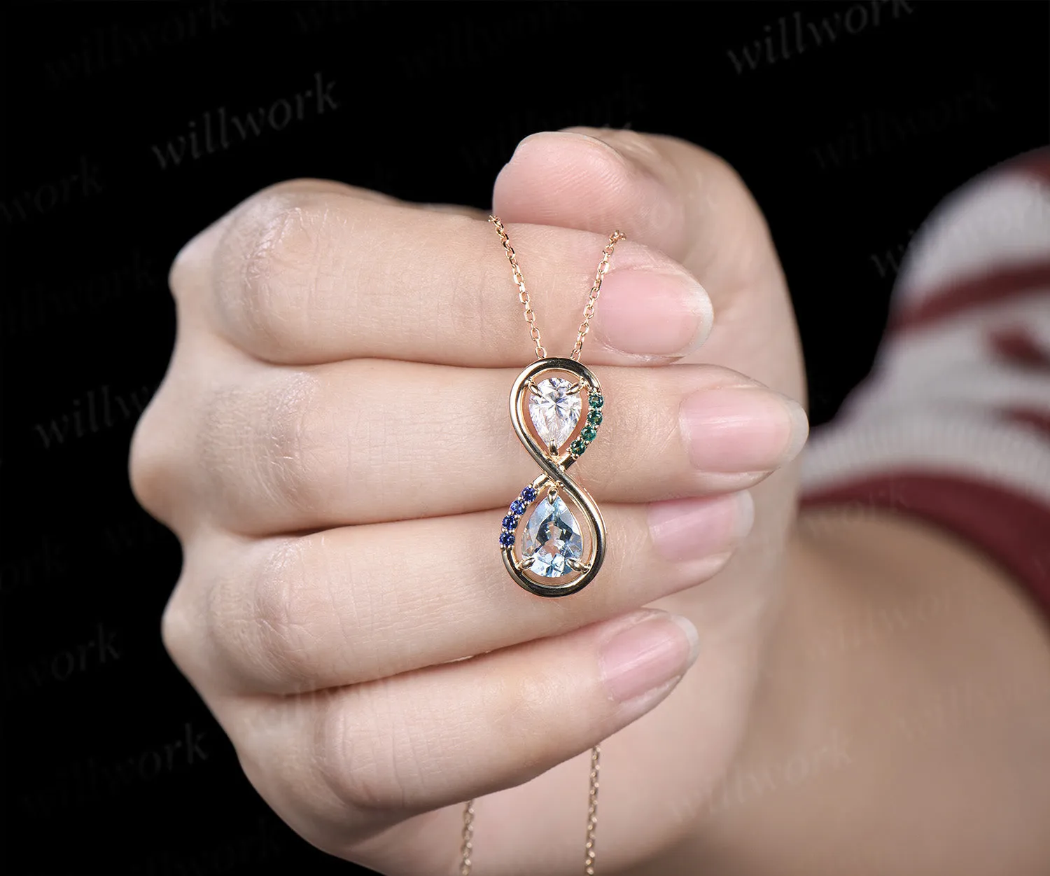 Pear cut moissanite aquamarine infinity necklace toi et moi couple accent emerald sapphire pendant necklace sold by Willwork Jewelry product image thumbnail 3
