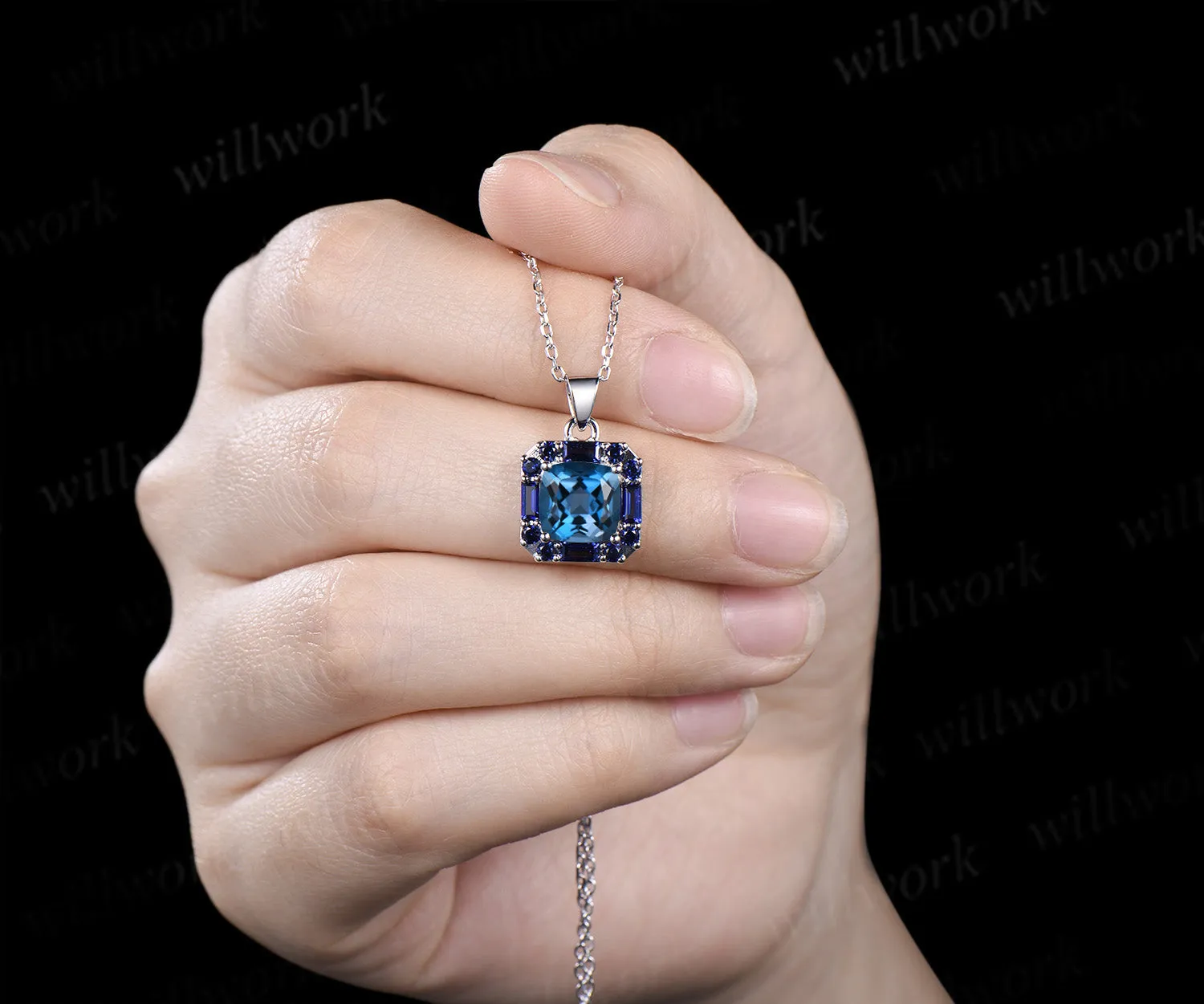 2ct cushion cut London blue topaz pendant necklace baguette blue sapphire halo pendant necklace gift for her sold by Willwork Jewelry product image thumbnail 5