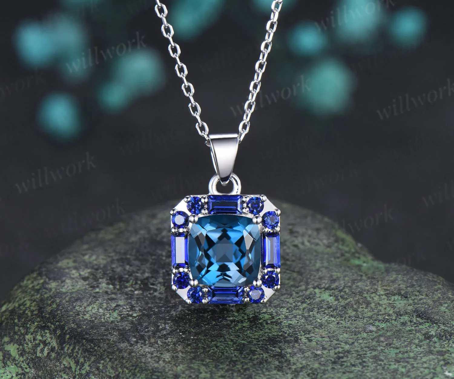 2ct cushion cut London blue topaz pendant necklace baguette blue sapphire halo pendant necklace gift for her sold by Willwork Jewelry