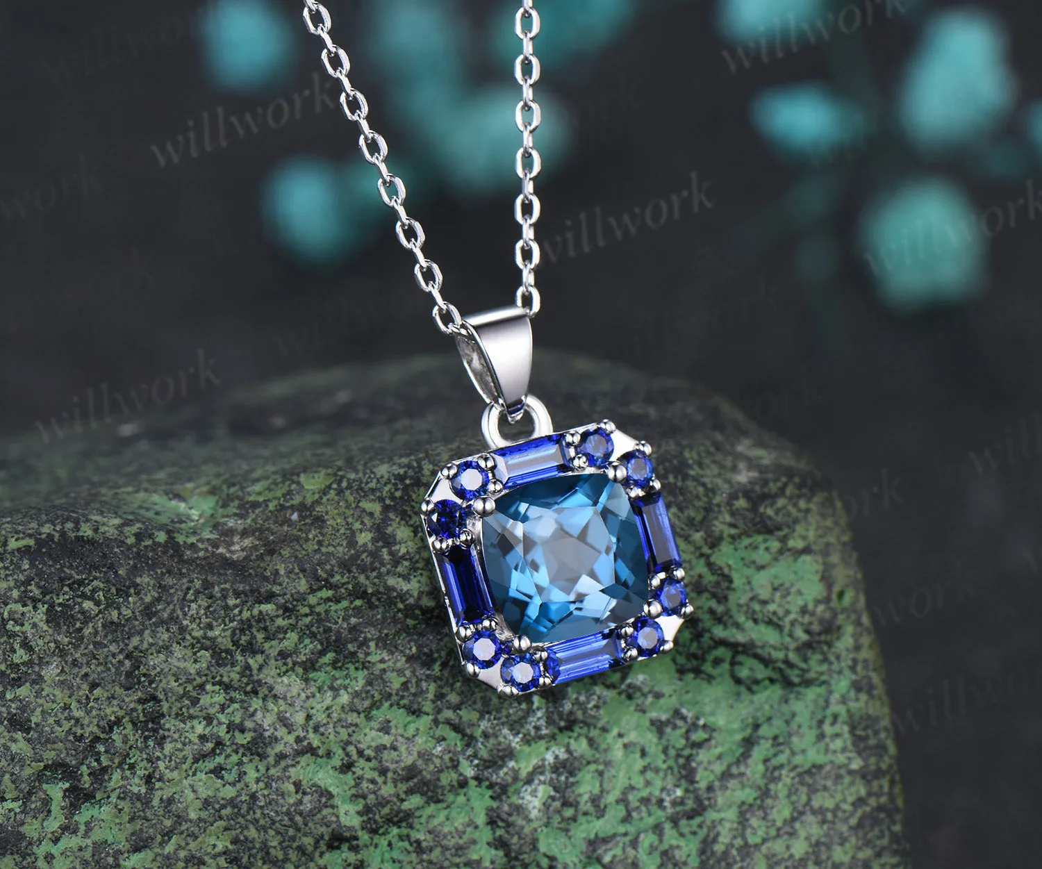 2ct cushion cut London blue topaz pendant necklace baguette blue sapphire halo pendant necklace gift for her sold by Willwork Jewelry product image thumbnail 3