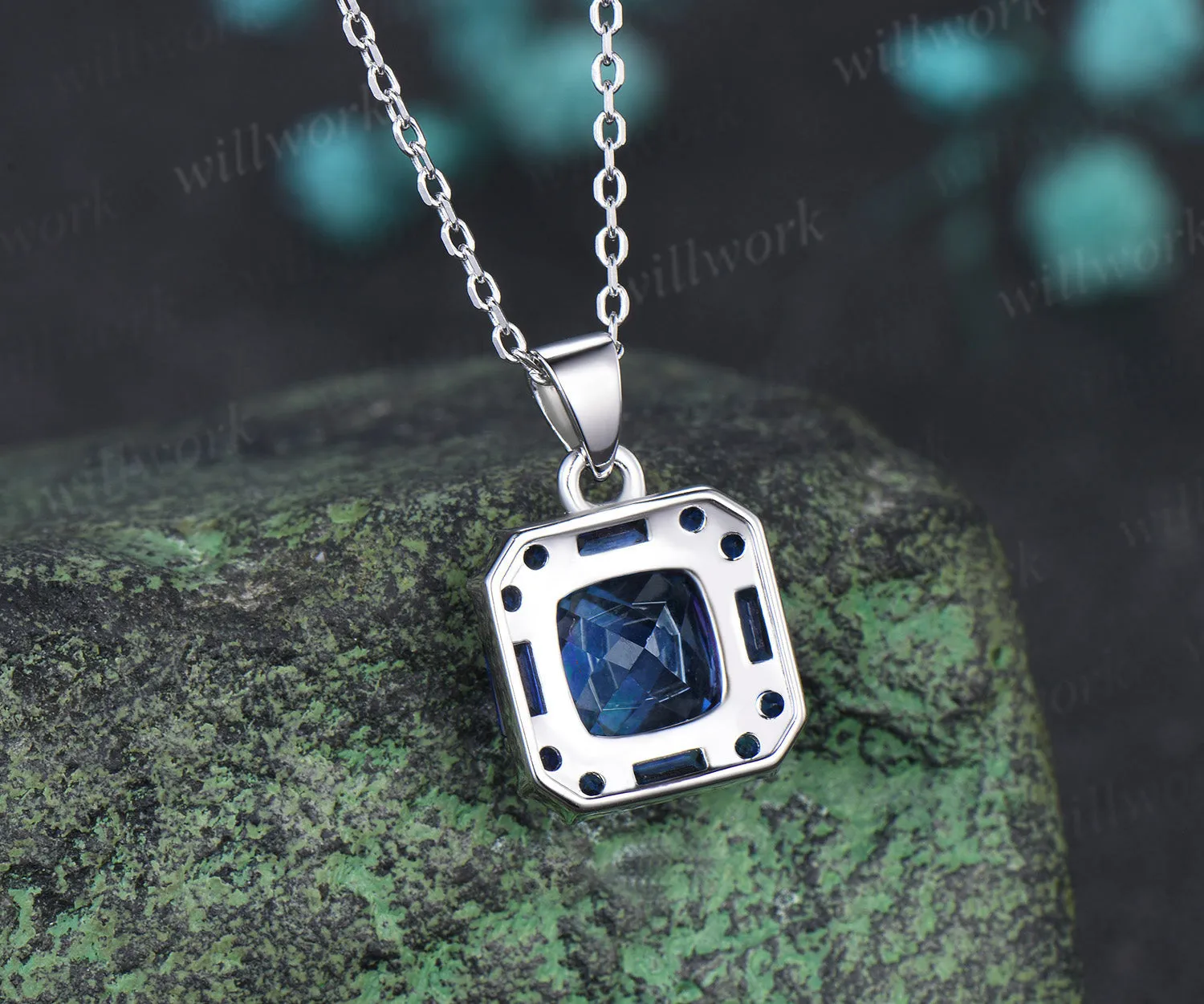 2ct cushion cut London blue topaz pendant necklace baguette blue sapphire halo pendant necklace gift for her sold by Willwork Jewelry product image thumbnail 4