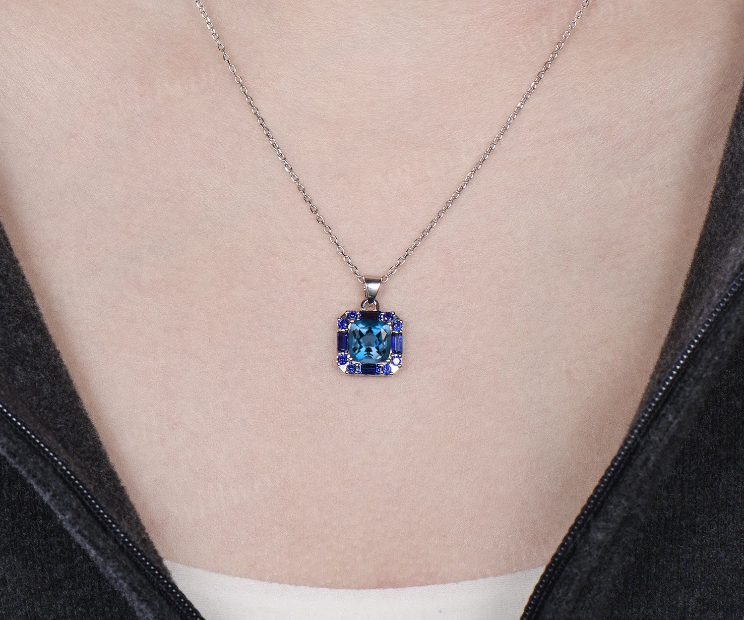 2ct cushion cut London blue topaz pendant necklace baguette blue sapphire halo pendant necklace gift for her sold by Willwork Jewelry product image thumbnail 2