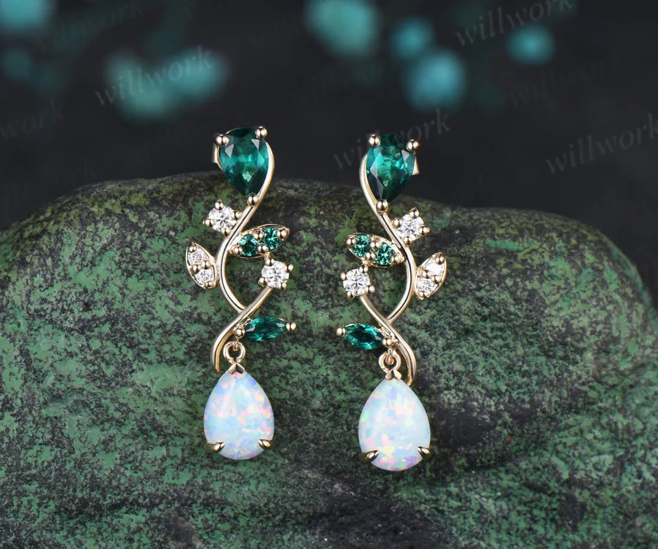 Unique pear opal stud earrings vine inspired accent emerald diamond earrings jewelry gifts made by Willwork Jewelry