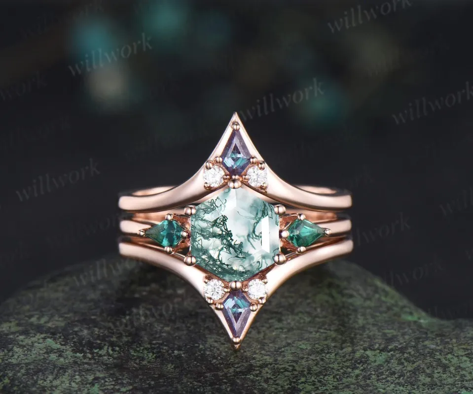 Hexagon cut moss agate engagement ring kite emerald three stone ring kite alexandrite enhancer wedding bridal ring set sold by Willwork Jewelry