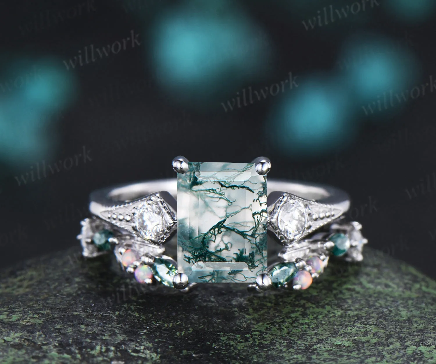 Emerald cut moss agate ring set milgrain moissanite three stone ring moss agate leaf open gap wedding band bridal set sold by Willwork Jewelry