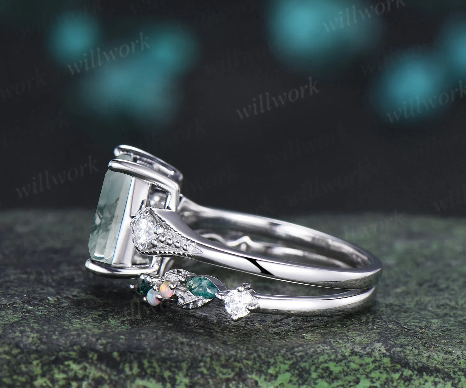 Emerald cut moss agate ring set milgrain moissanite three stone ring moss agate leaf open gap wedding band bridal set sold by Willwork Jewelry product image thumbnail 4
