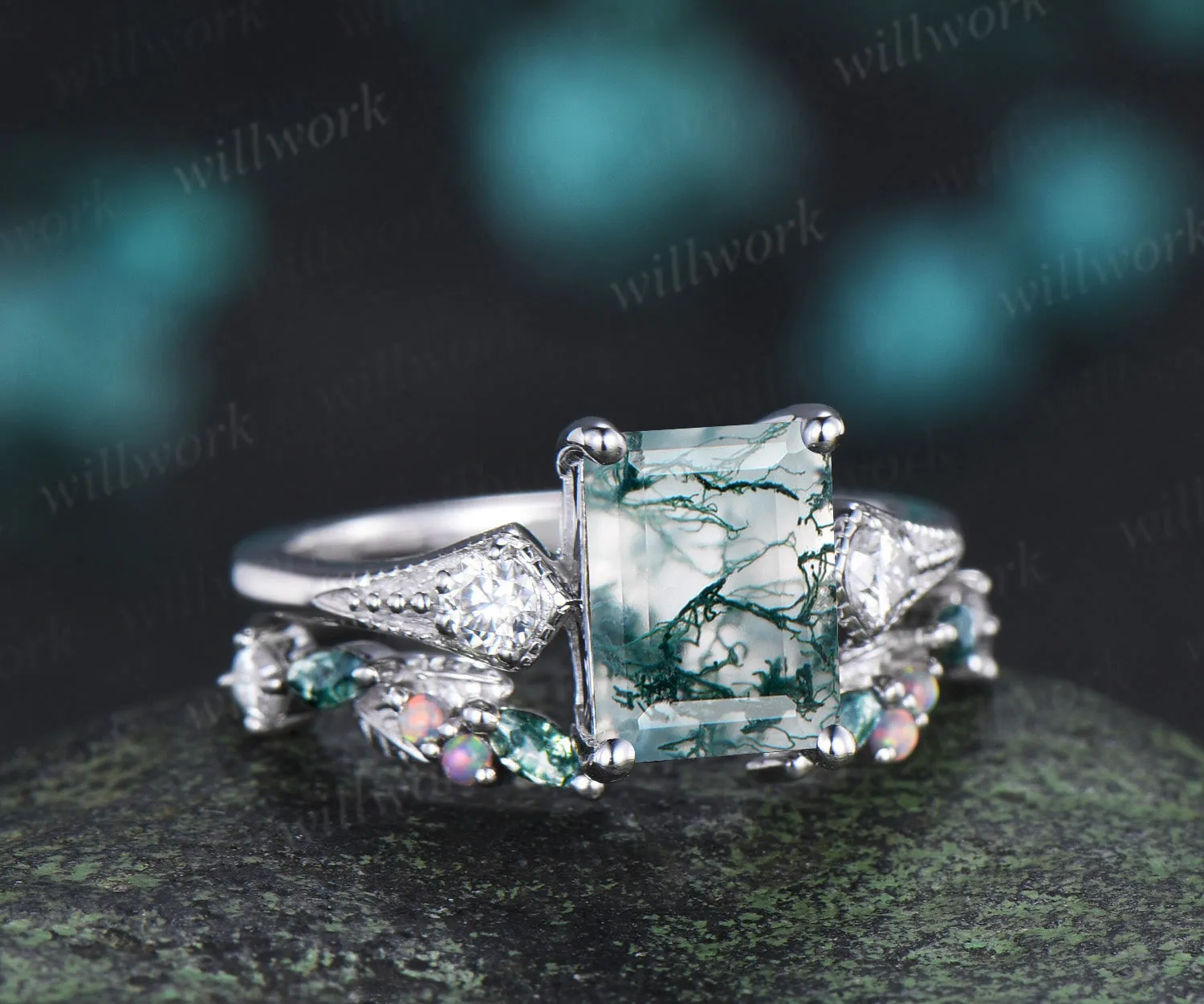 Emerald cut moss agate ring set milgrain moissanite three stone ring moss agate leaf open gap wedding band bridal set sold by Willwork Jewelry product image thumbnail 3