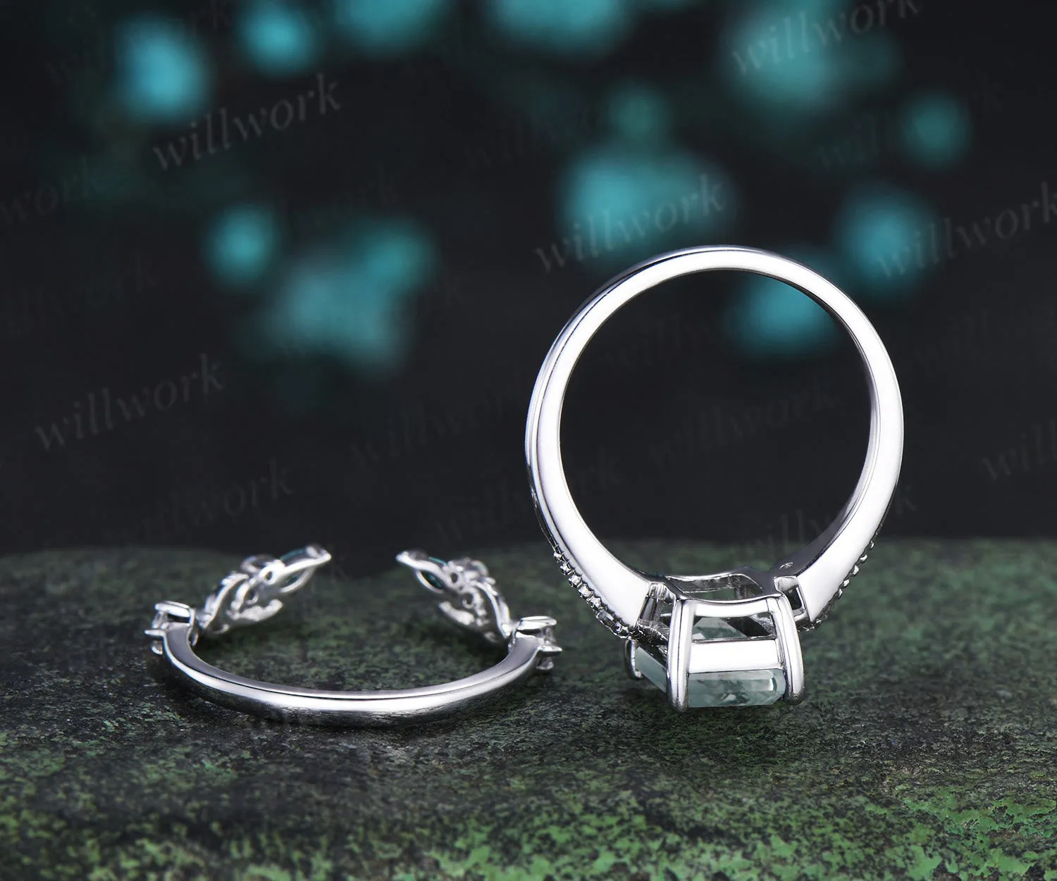 Emerald cut moss agate ring set milgrain moissanite three stone ring moss agate leaf open gap wedding band bridal set sold by Willwork Jewelry product image thumbnail 5