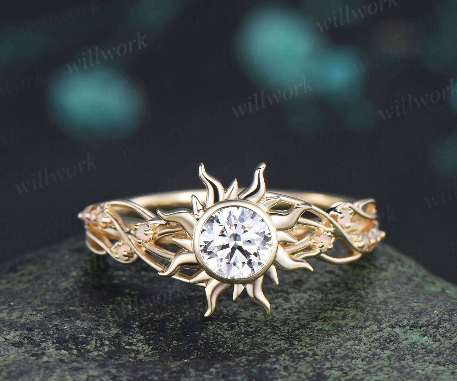 Round cut IGI lab grown diamond engagement ring sun filigree opal promise ring unique bezel wedding ring sold by Willwork Jewelry