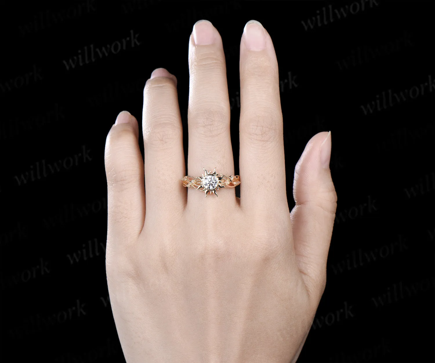 Round cut IGI lab grown diamond engagement ring sun filigree opal promise ring unique bezel wedding ring sold by Willwork Jewelry product image thumbnail 2