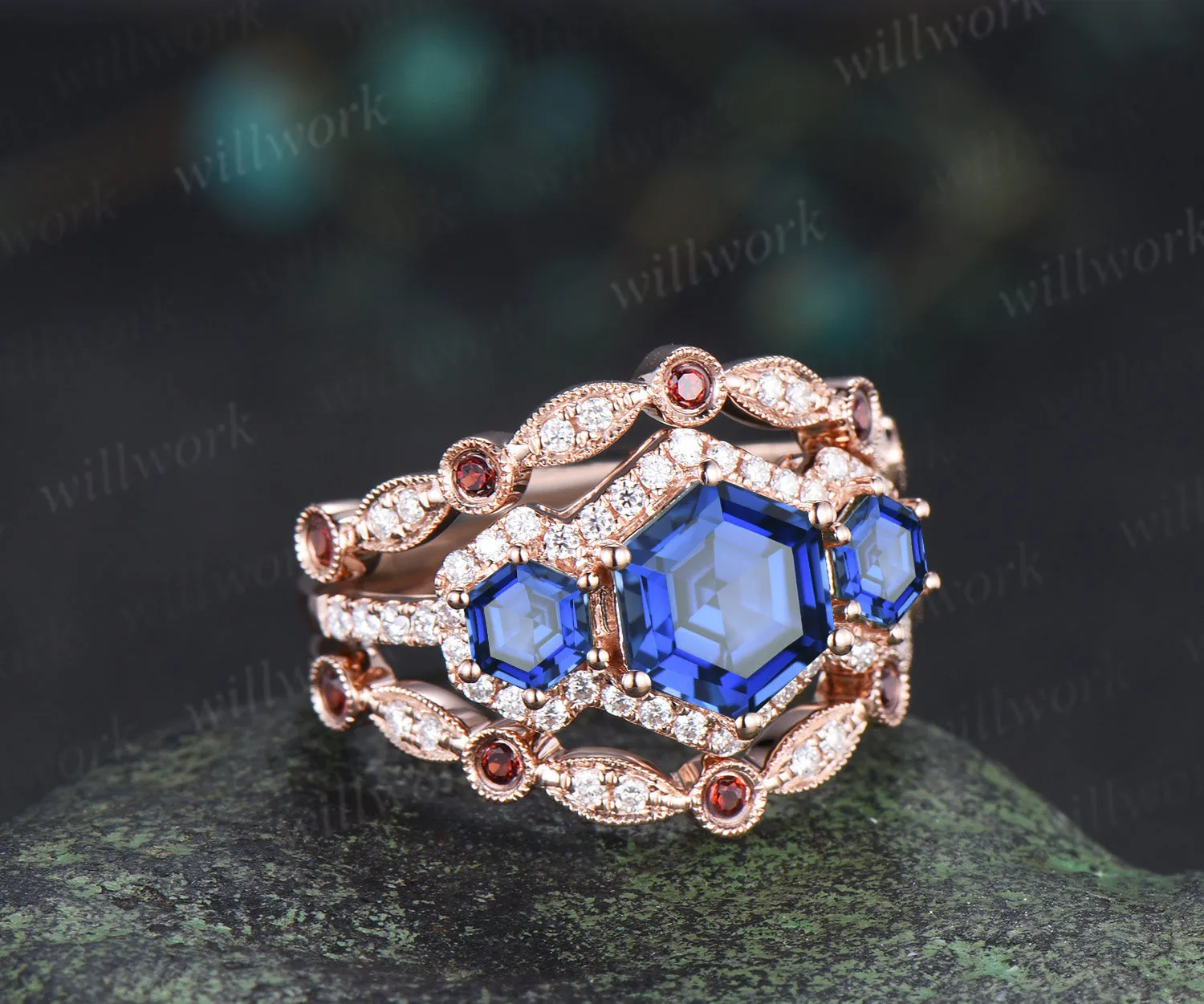 Hexagon cut sapphire halo moissanite engagement ring set art deco garnet moissanite wedding band vintage bridal set sold by Willwork Jewelry product image thumbnail 4