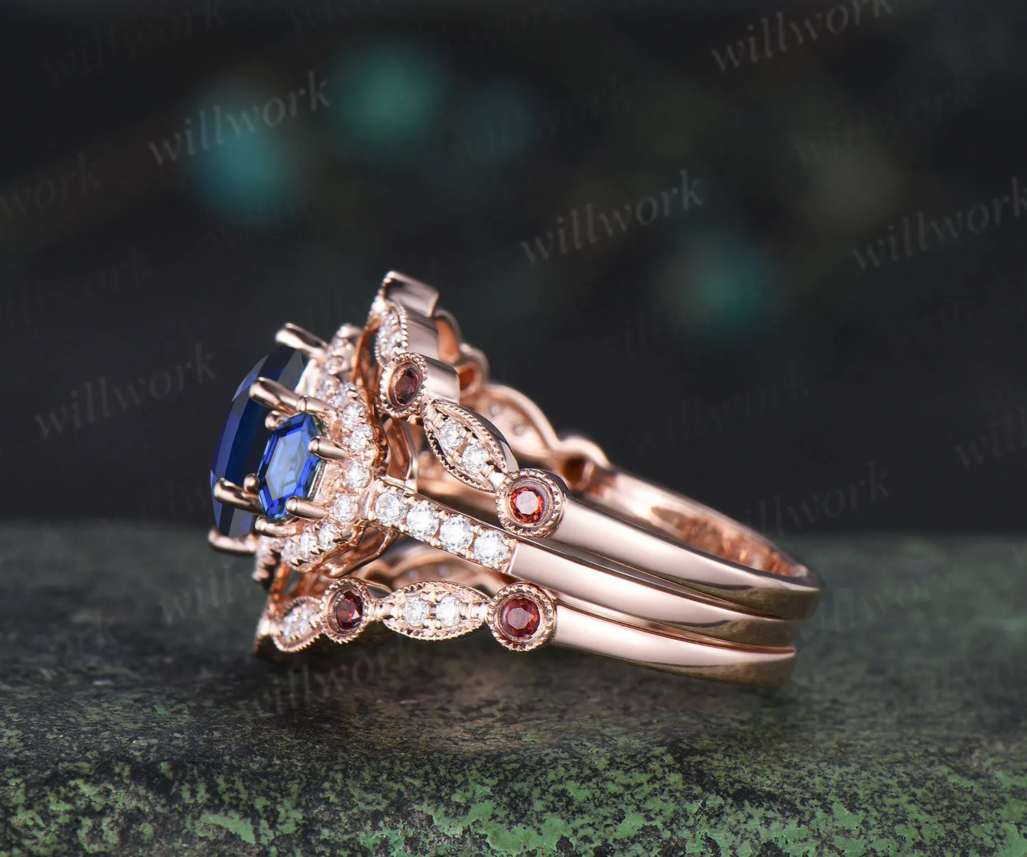 Hexagon cut sapphire halo moissanite engagement ring set art deco garnet moissanite wedding band vintage bridal set sold by Willwork Jewelry product image thumbnail 3