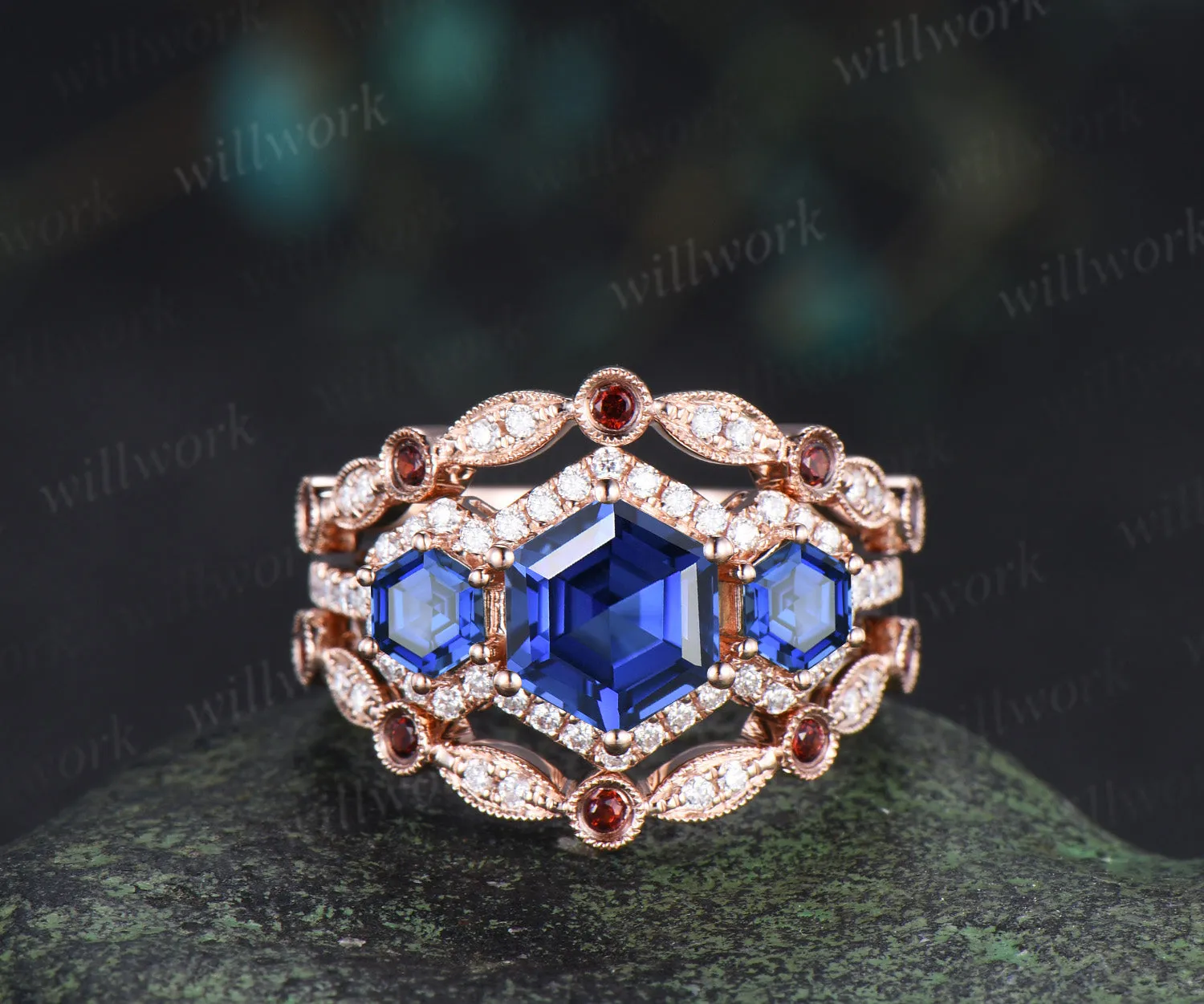 Hexagon cut sapphire halo moissanite engagement ring set art deco garnet moissanite wedding band vintage bridal set sold by Willwork Jewelry