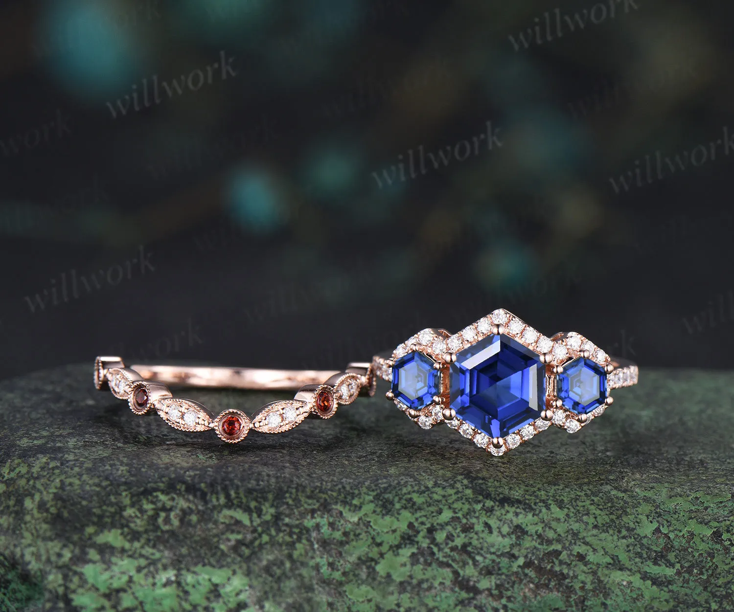 Hexagon cut sapphire halo moissanite engagement ring set art deco garnet moissanite wedding band vintage bridal set sold by Willwork Jewelry product image thumbnail 5