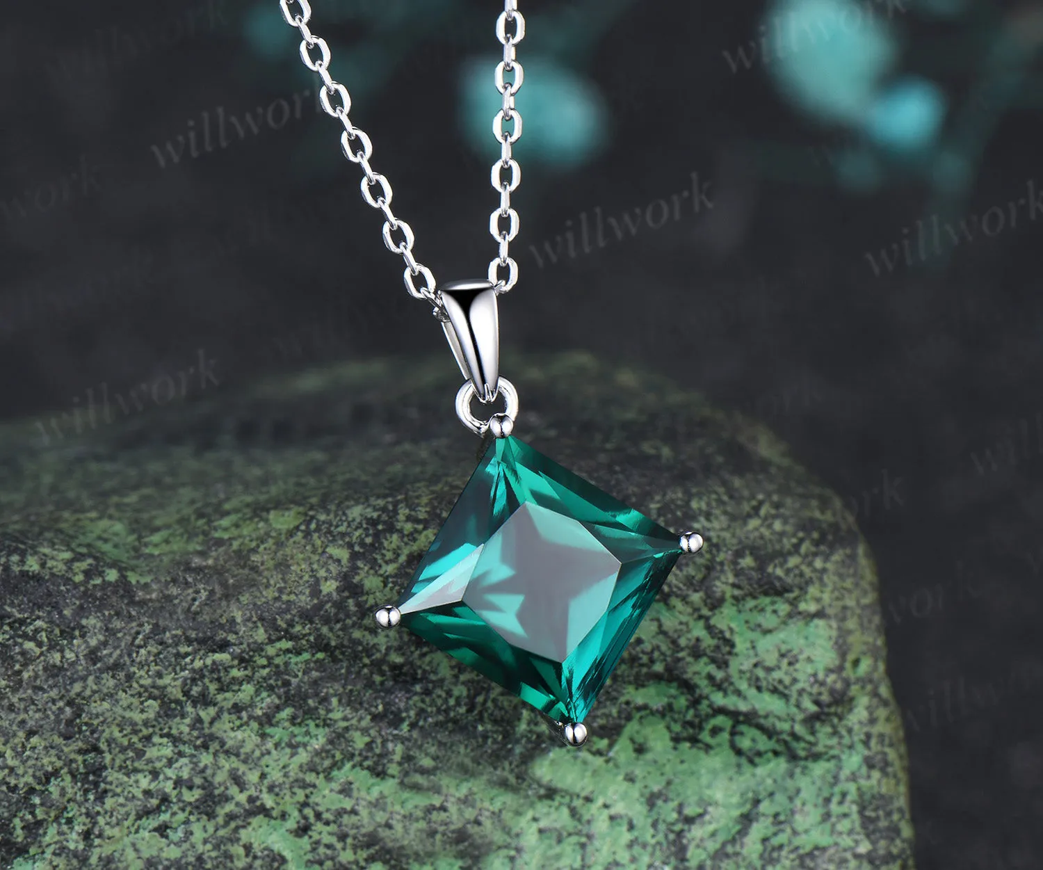 6ct princess cut green emerald necklace solitaire green gemstone pendant necklace May birthstone gift sold by Willwork Jewelry product image thumbnail 3