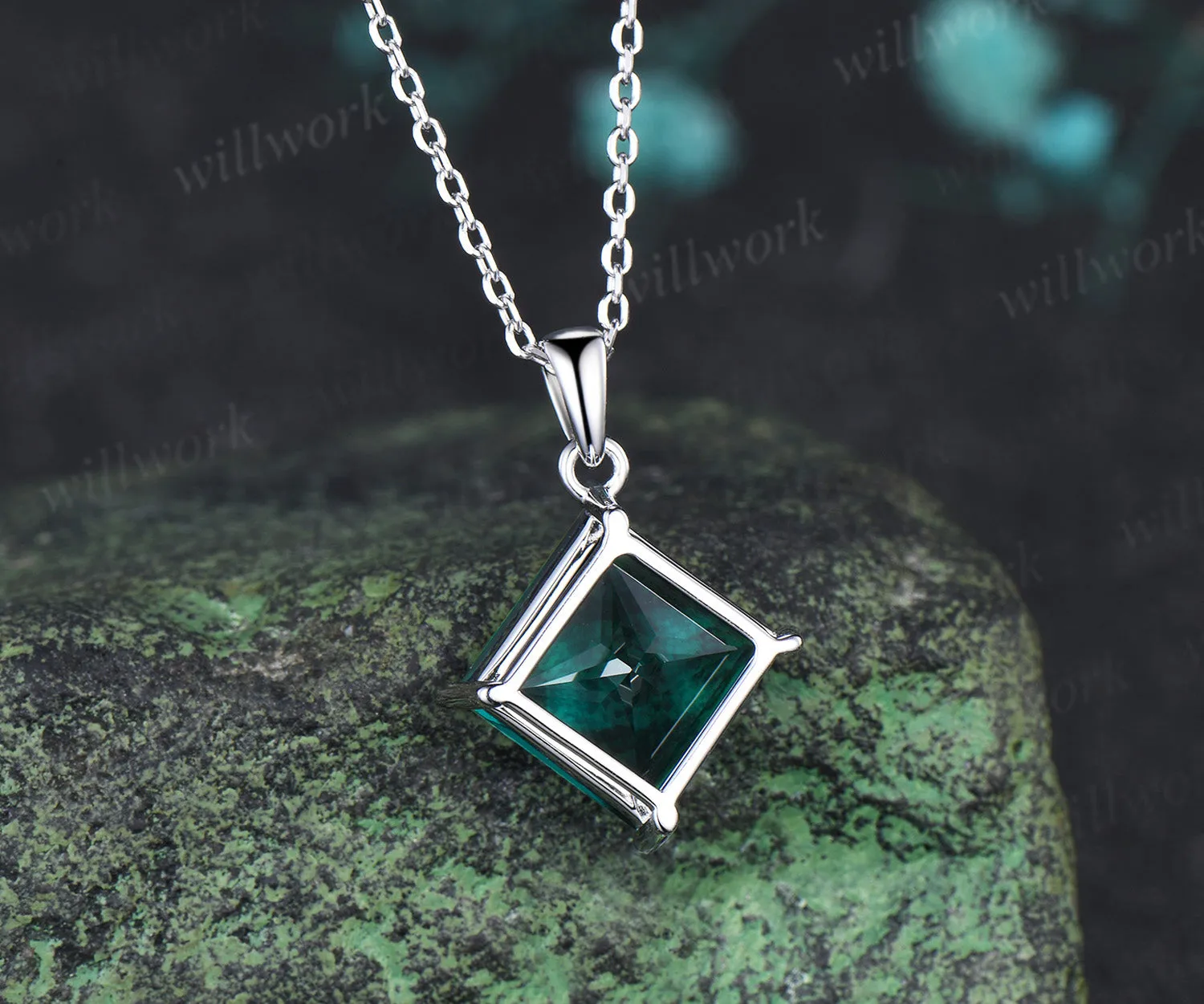 6ct princess cut green emerald necklace solitaire green gemstone pendant necklace May birthstone gift sold by Willwork Jewelry product image thumbnail 4
