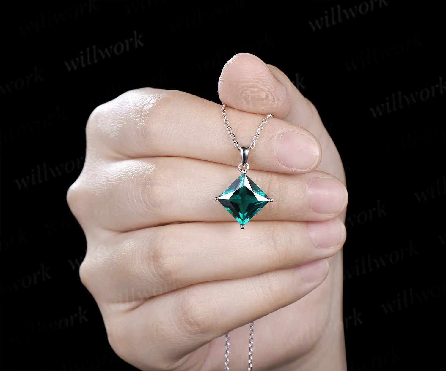 6ct princess cut green emerald necklace solitaire green gemstone pendant necklace May birthstone gift sold by Willwork Jewelry product image thumbnail 5