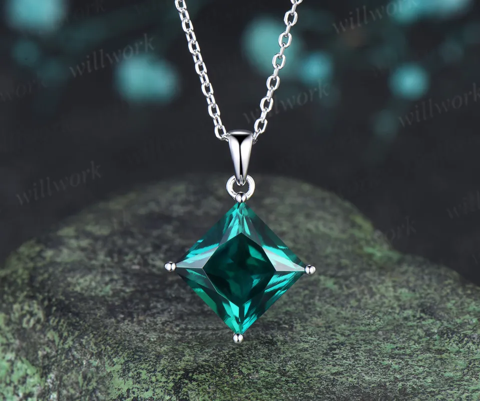 6ct princess cut green emerald necklace solitaire green gemstone pendant necklace May birthstone gift made by Willwork Jewelry