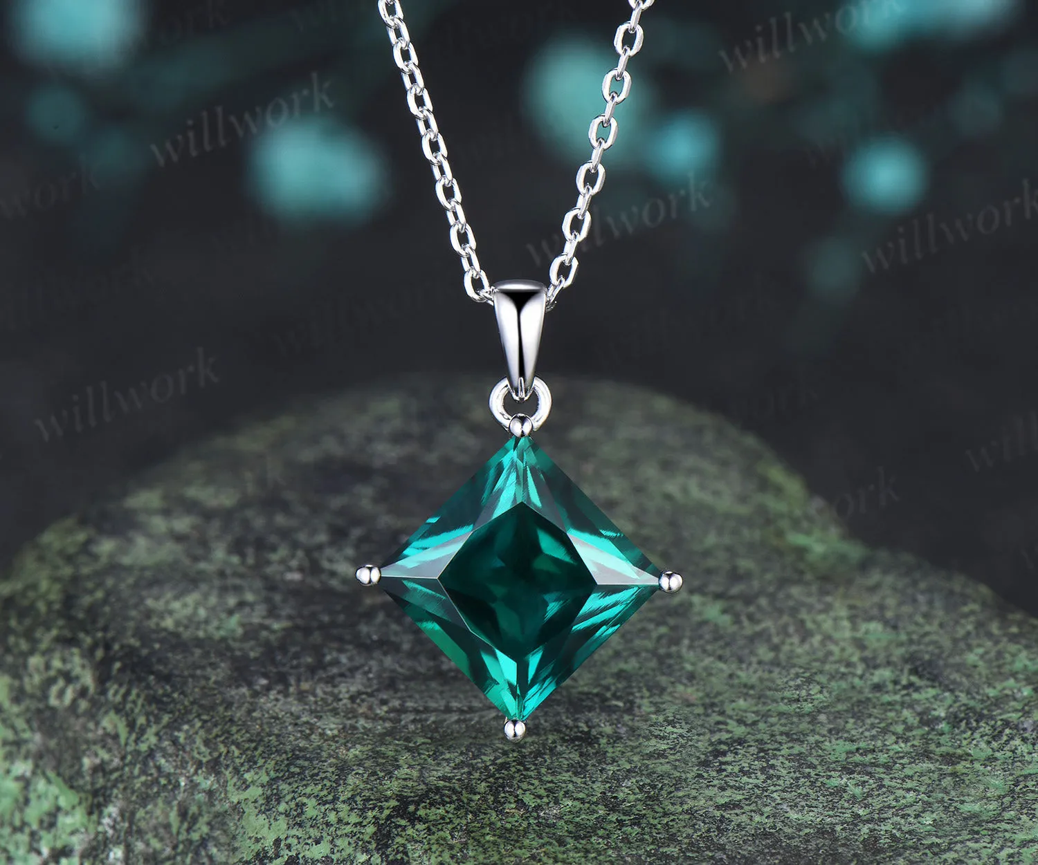 6ct princess cut green emerald necklace solitaire green gemstone pendant necklace May birthstone gift sold by Willwork Jewelry