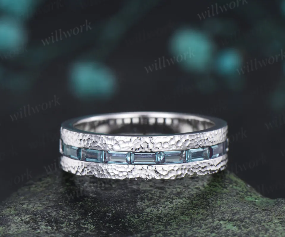 Vintage Baguette cut alexandrite wedding ring half eternity mens hammered promise anniversary ring sold by Willwork Jewelry