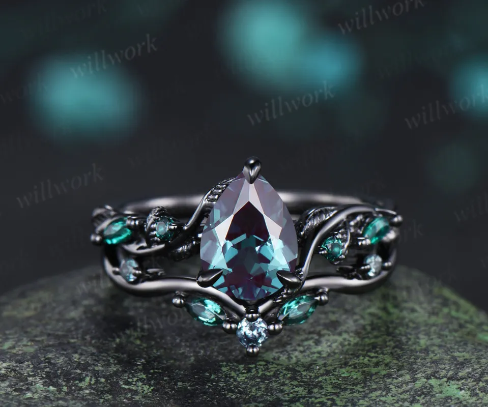 Pear alexandrite ring set unique twig vine teardrop emerald accent ring unique bridal set jewelry gifts sold by Willwork Jewelry