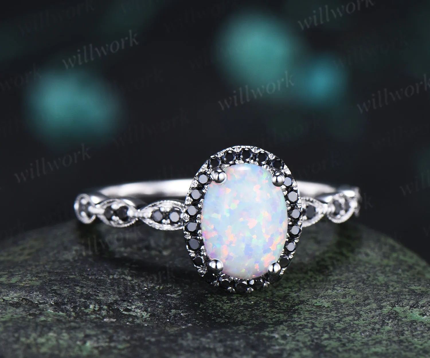 Oval white opal engagement ring vintage black diamond halo half eternity band promise ring sold by Willwork Jewelry product image thumbnail 3