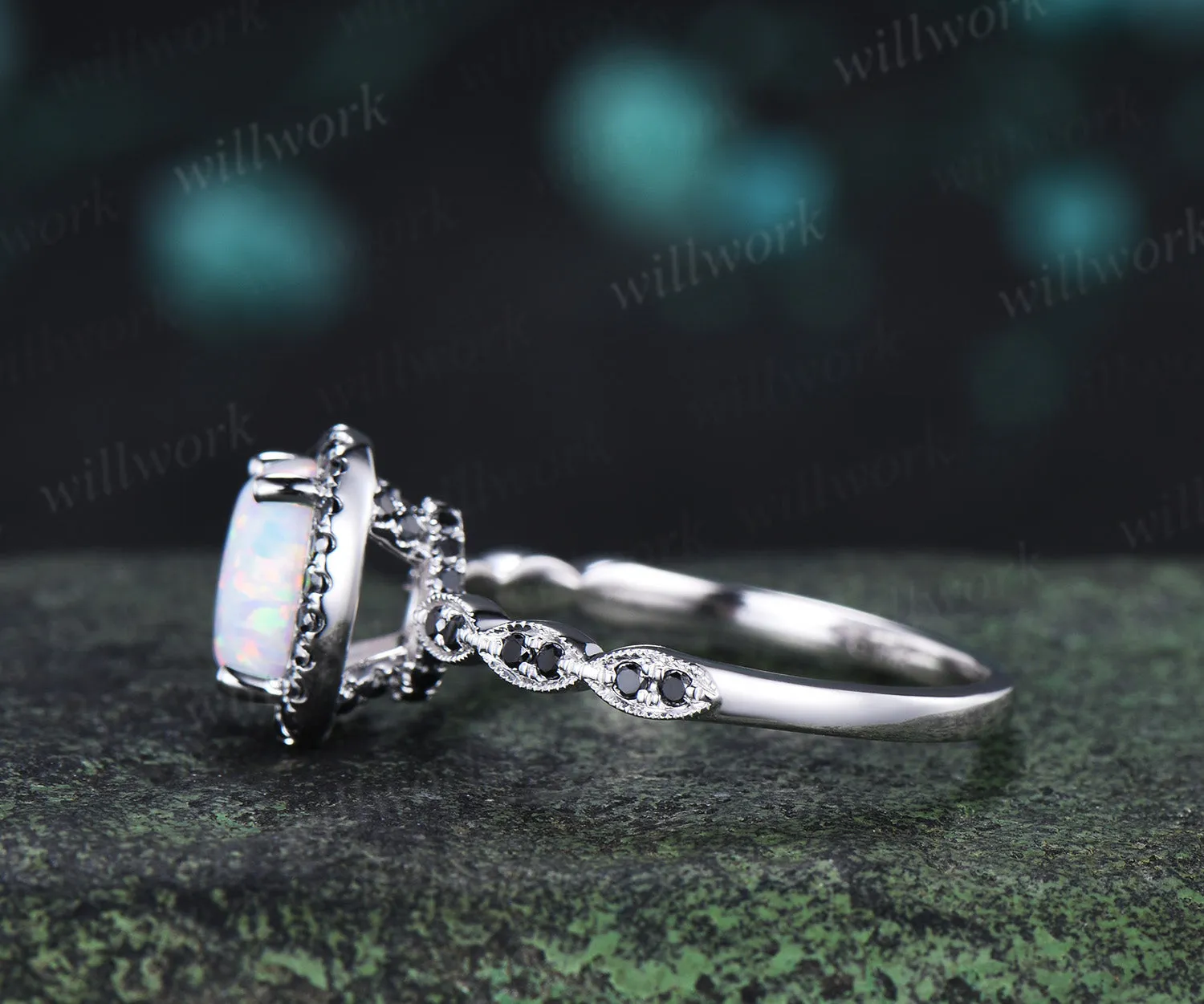 Oval white opal engagement ring vintage black diamond halo half eternity band promise ring sold by Willwork Jewelry product image thumbnail 4