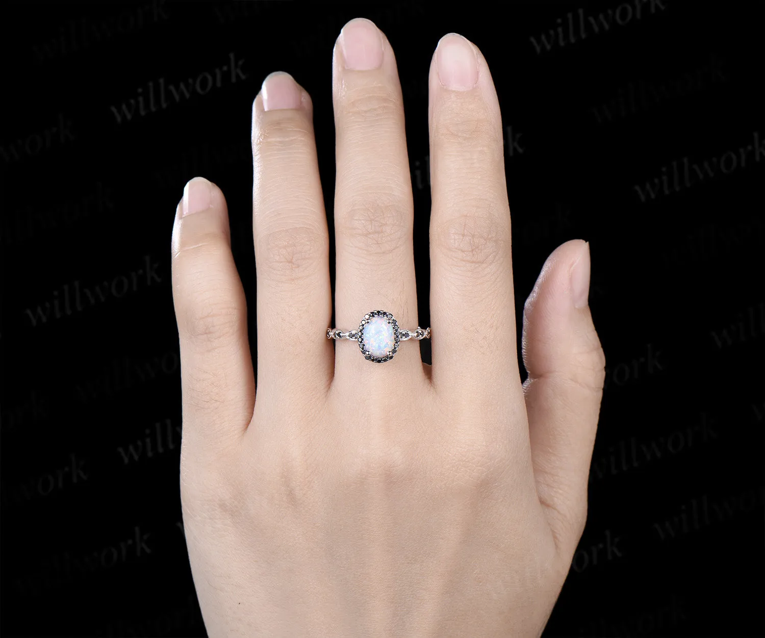 Oval white opal engagement ring vintage black diamond halo half eternity band promise ring sold by Willwork Jewelry product image thumbnail 2