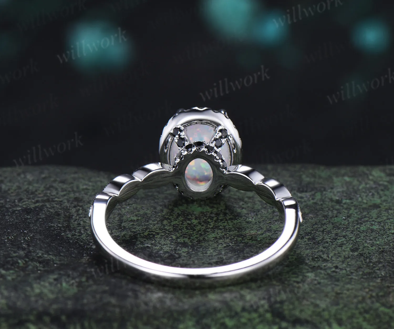 Oval white opal engagement ring vintage black diamond halo half eternity band promise ring sold by Willwork Jewelry product image thumbnail 5