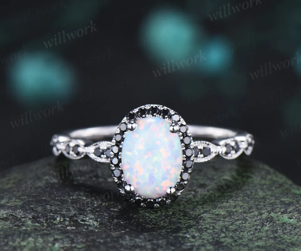 Oval white opal engagement ring vintage black diamond halo half eternity band promise ring made by Willwork Jewelry