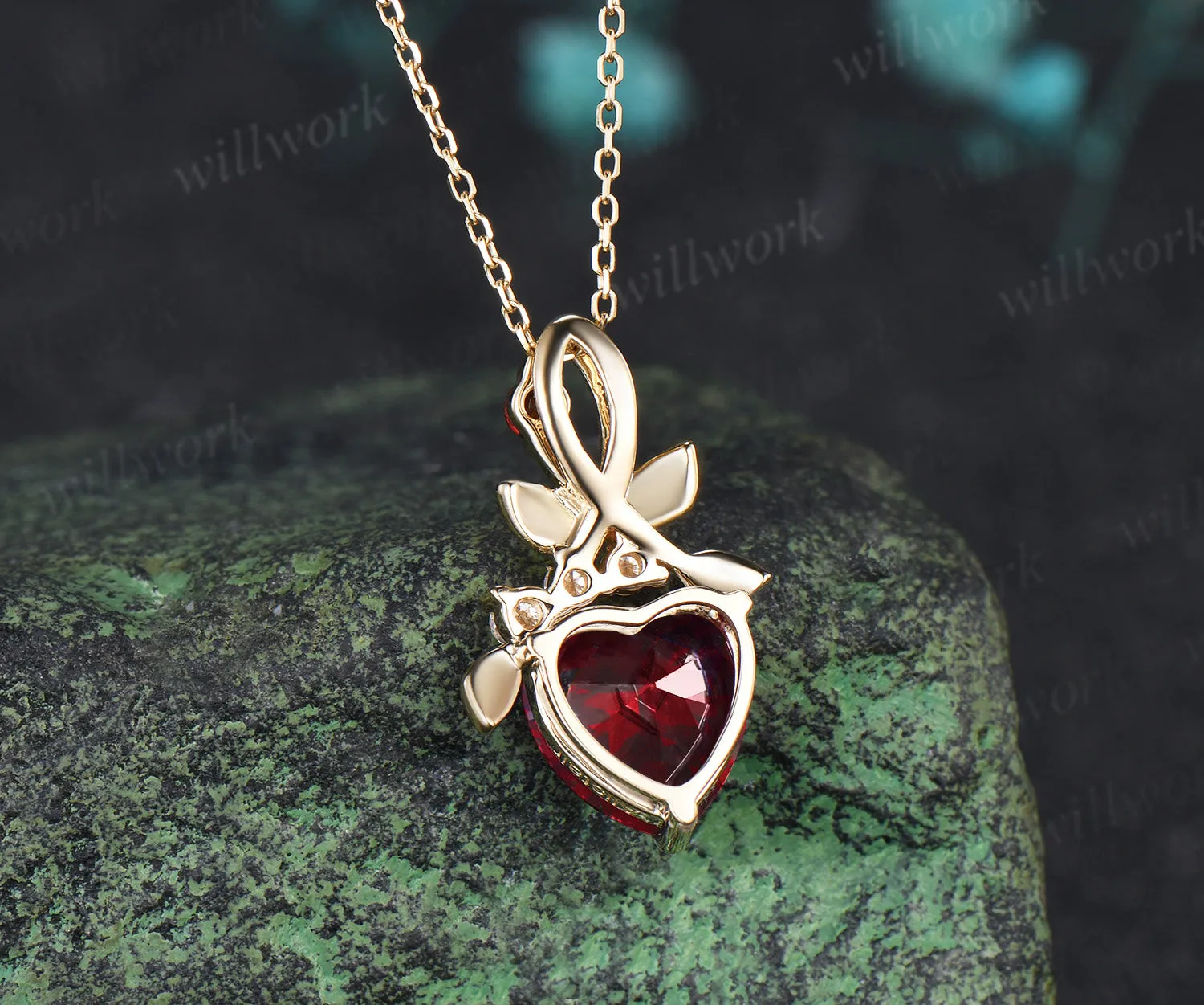 Heart shaped ruby pendant necklace nature inspired leaf diamond accent necklace January birthstone gifts sold by Willwork Jewelry product image thumbnail 5
