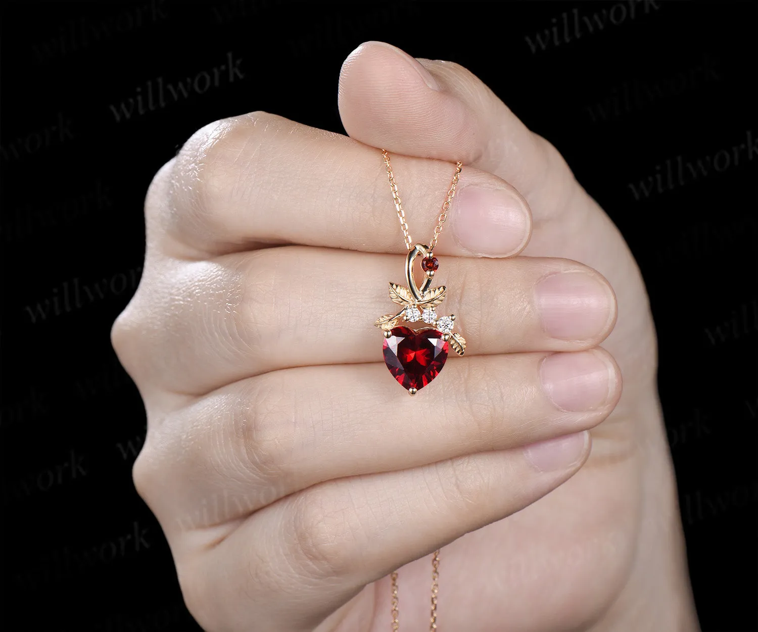 Heart shaped ruby pendant necklace nature inspired leaf diamond accent necklace January birthstone gifts sold by Willwork Jewelry product image thumbnail 3