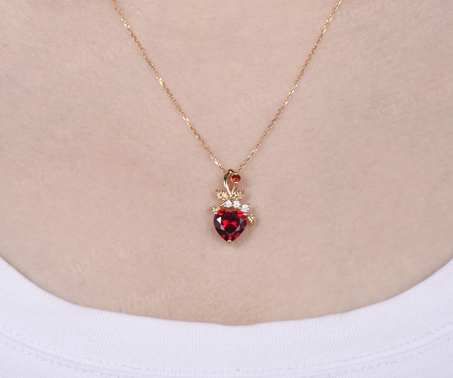 Heart shaped ruby pendant necklace nature inspired leaf diamond accent necklace January birthstone gifts sold by Willwork Jewelry product image thumbnail 2