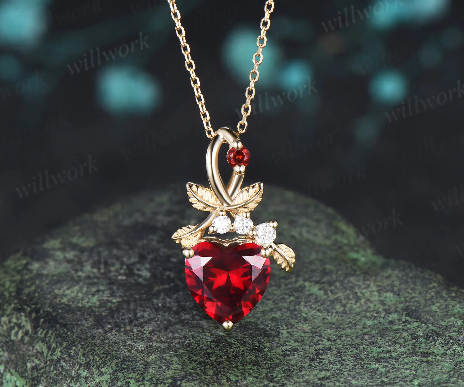 Heart shaped ruby pendant necklace nature inspired leaf diamond accent necklace January birthstone gifts sold by Willwork Jewelry