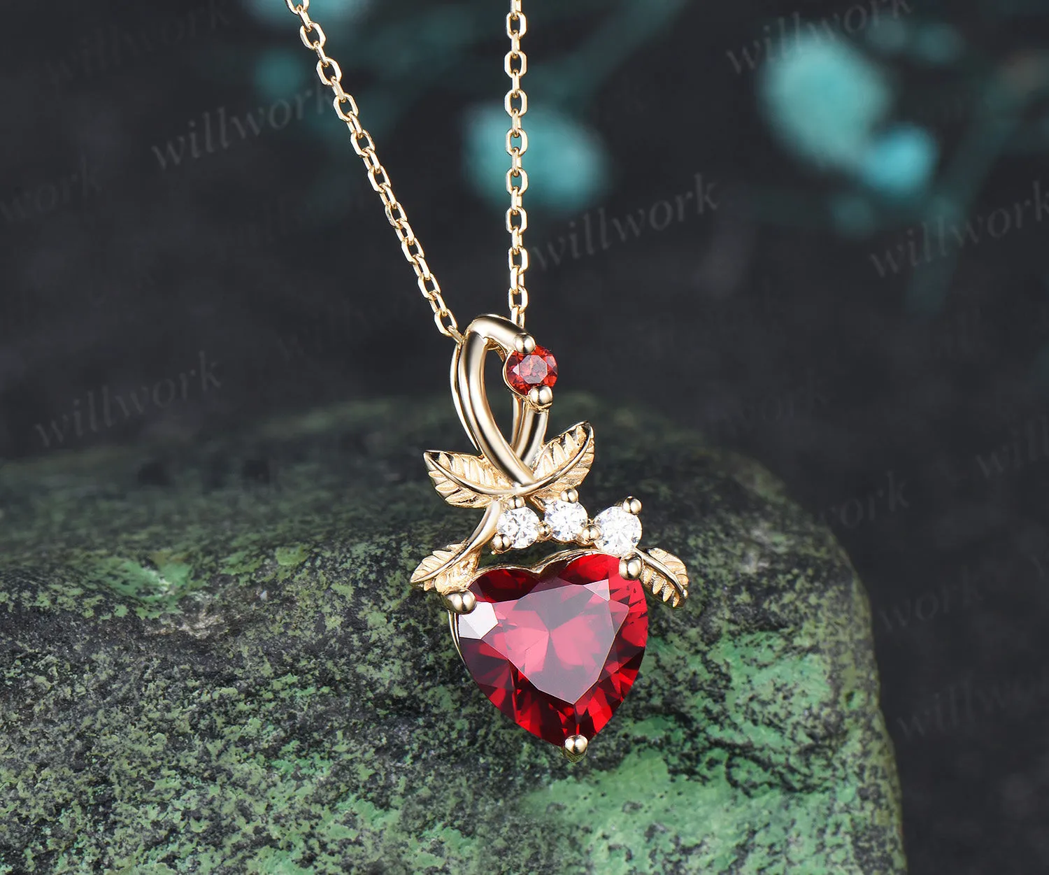 Heart shaped ruby pendant necklace nature inspired leaf diamond accent necklace January birthstone gifts sold by Willwork Jewelry product image thumbnail 4
