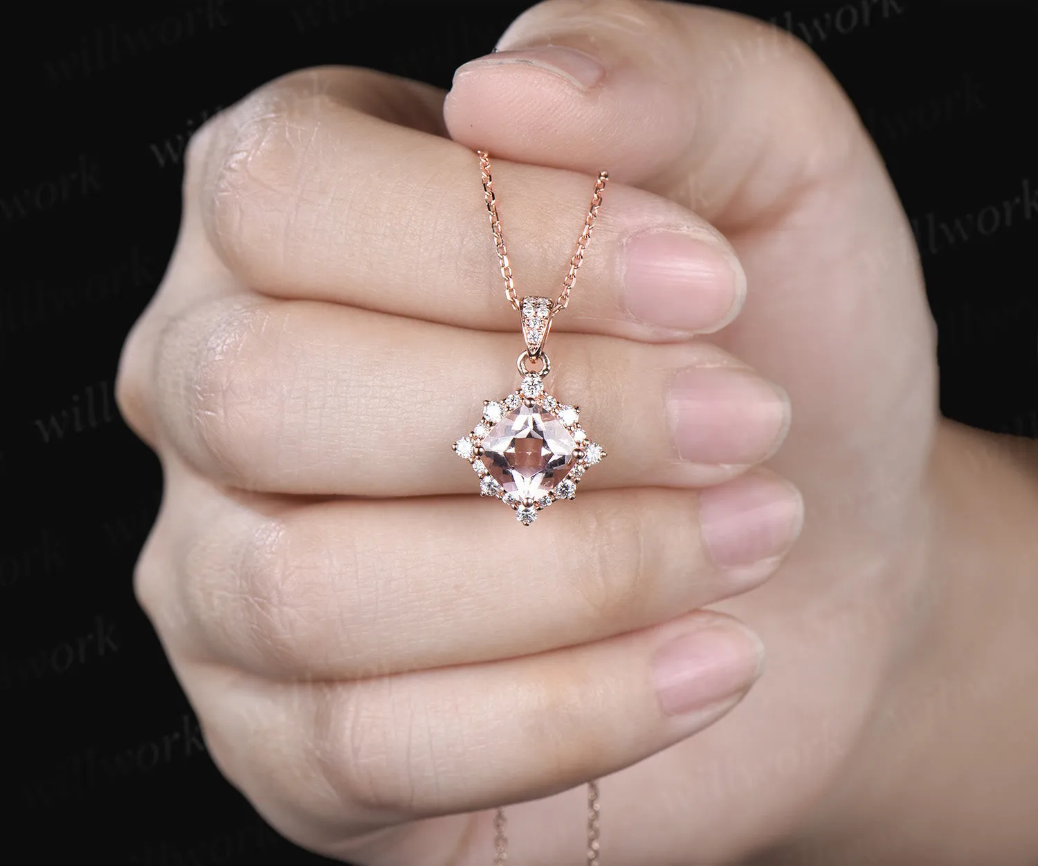 Vintage cushion cut morganite necklace unique diamond halo pendant necklace jewelry gifts sold by Willwork Jewelry product image thumbnail 5