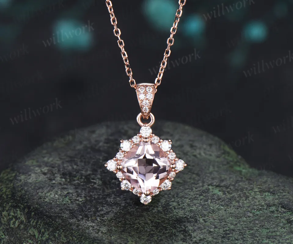 Vintage cushion cut morganite necklace unique diamond halo pendant necklace jewelry gifts made by Willwork Jewelry