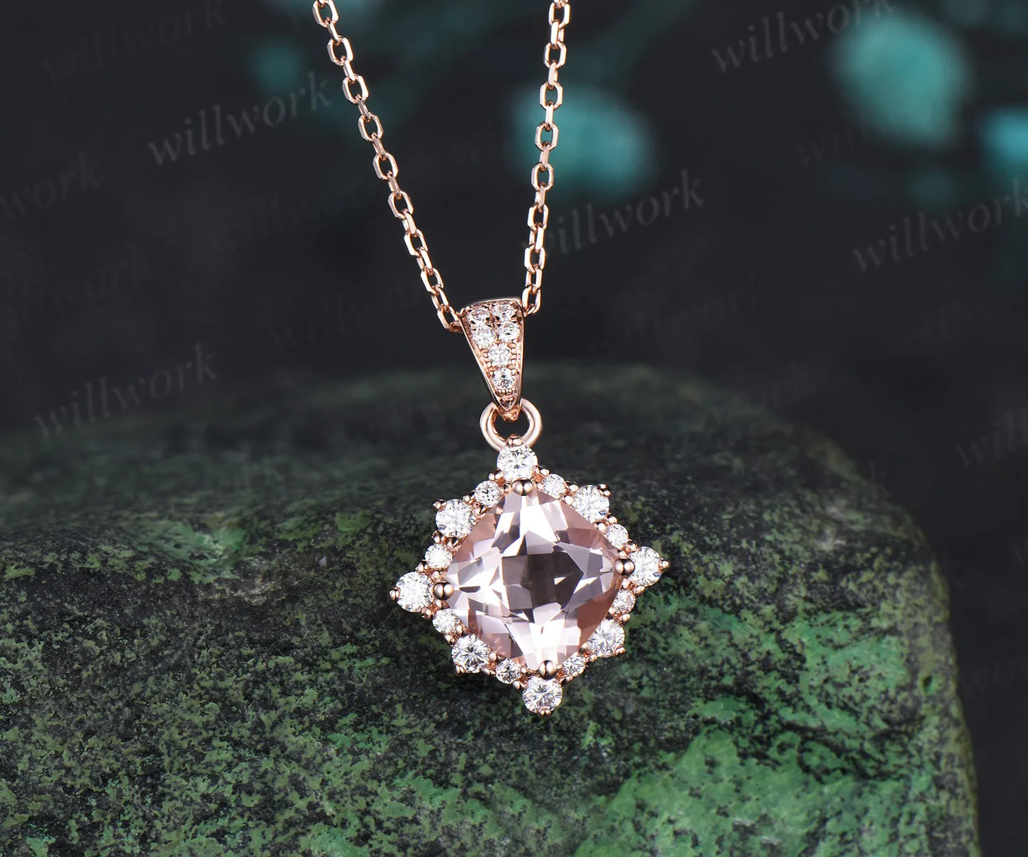 Vintage cushion cut morganite necklace unique diamond halo pendant necklace jewelry gifts sold by Willwork Jewelry product image thumbnail 3