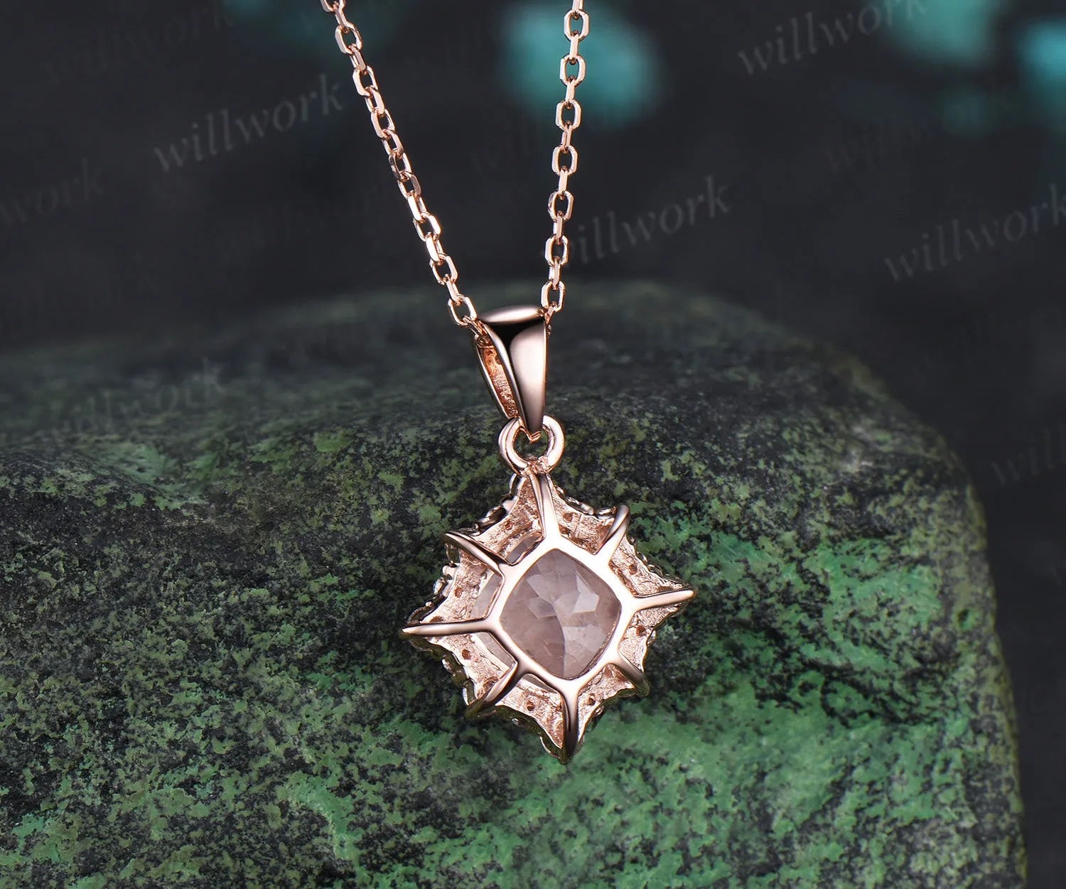 Vintage cushion cut morganite necklace unique diamond halo pendant necklace jewelry gifts sold by Willwork Jewelry product image thumbnail 4