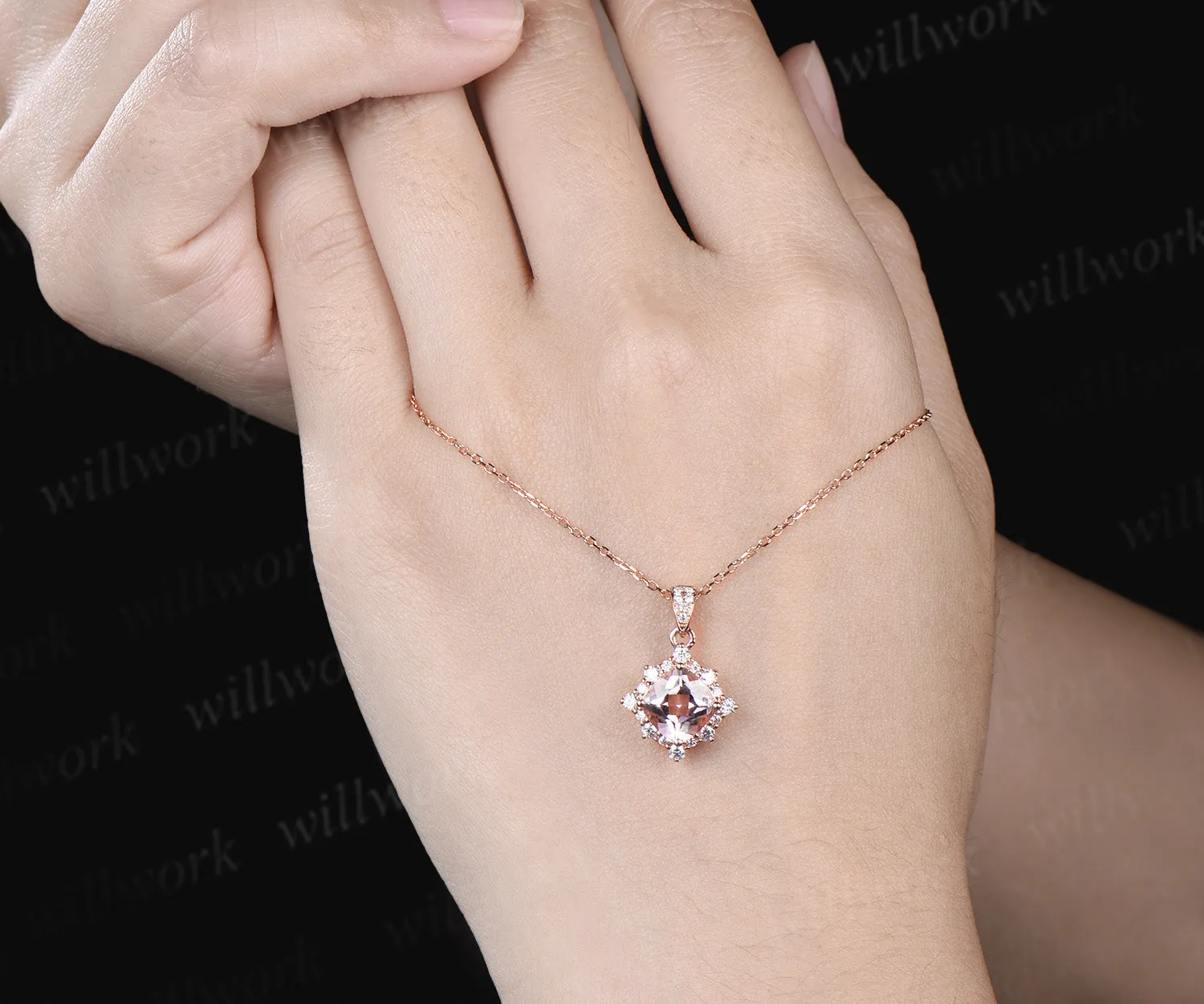 Vintage cushion cut morganite necklace unique diamond halo pendant necklace jewelry gifts sold by Willwork Jewelry product image thumbnail 2