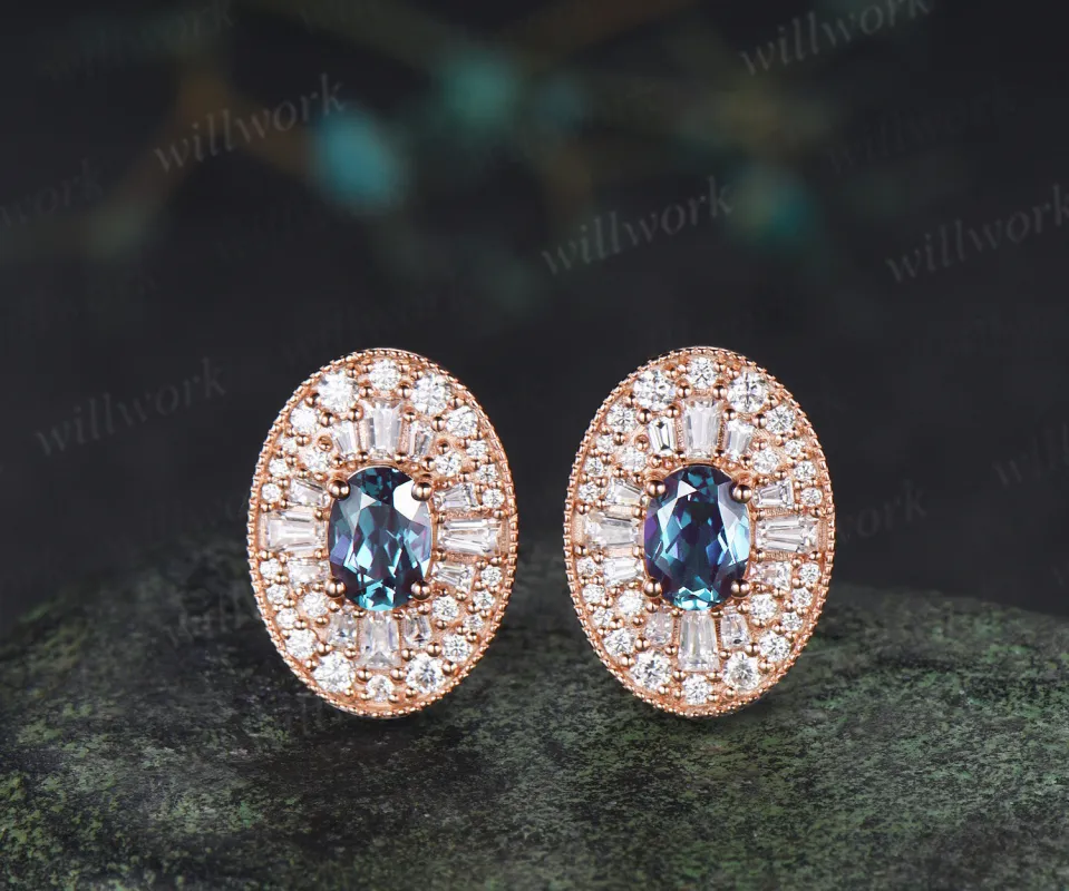 Vintage oval alexandrite moissanite halo earrings art deco moissanite milgrain stud earrings cocktail jewelry made by Willwork Jewelry