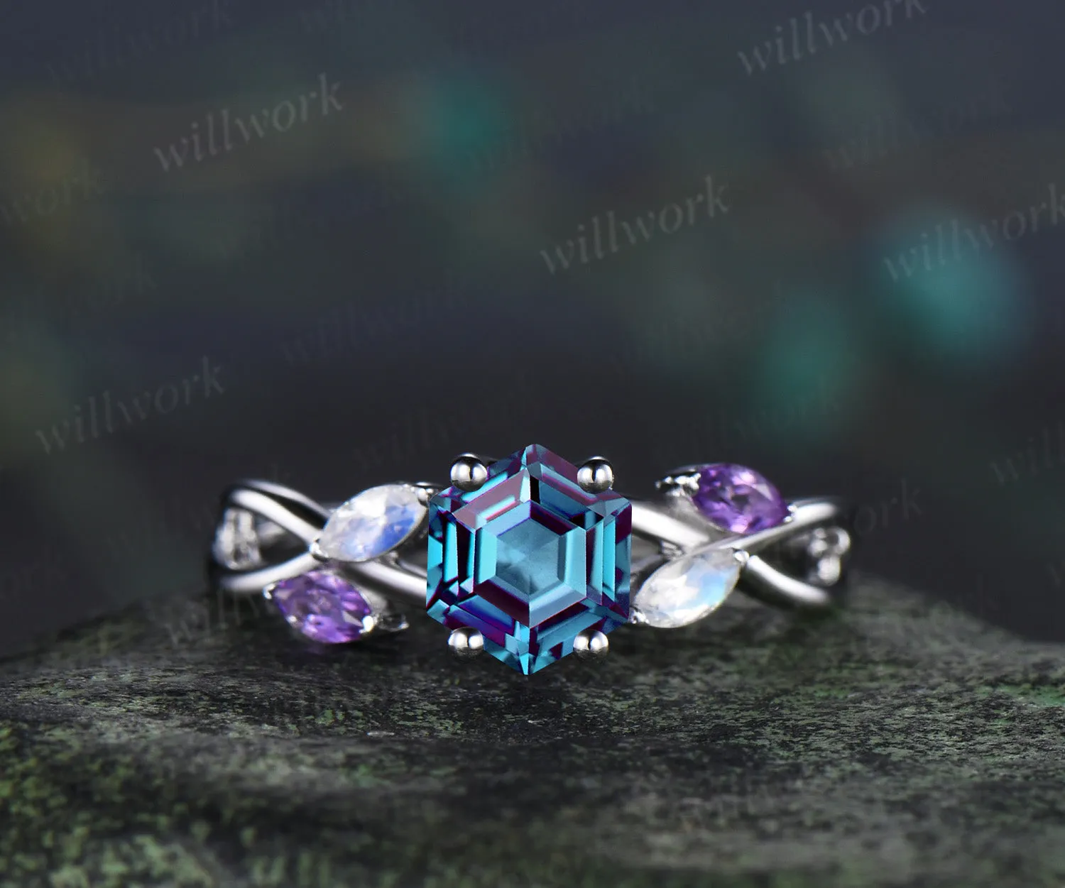 Hexagon cut alexandrite engagement ring marquise moonstone amethyst five stones twisted promise ring sold by Willwork Jewelry