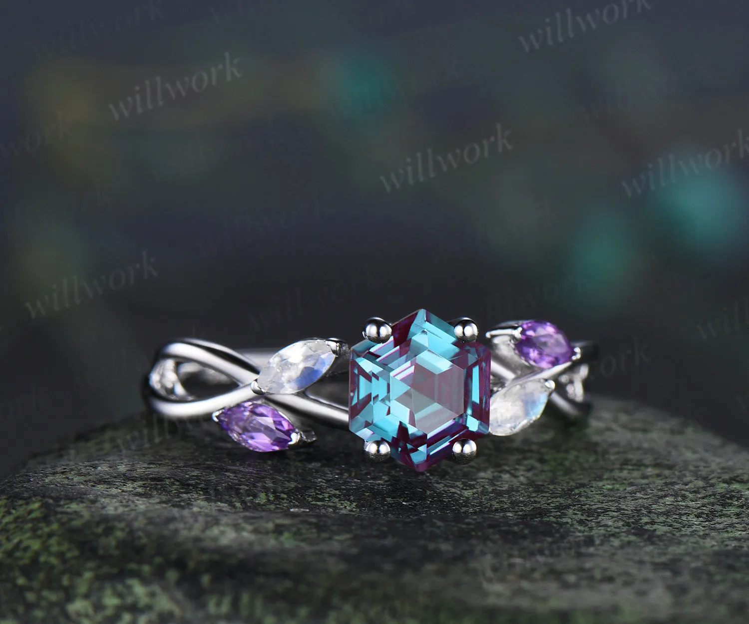 Hexagon cut alexandrite engagement ring marquise moonstone amethyst five stones twisted promise ring sold by Willwork Jewelry product image thumbnail 3