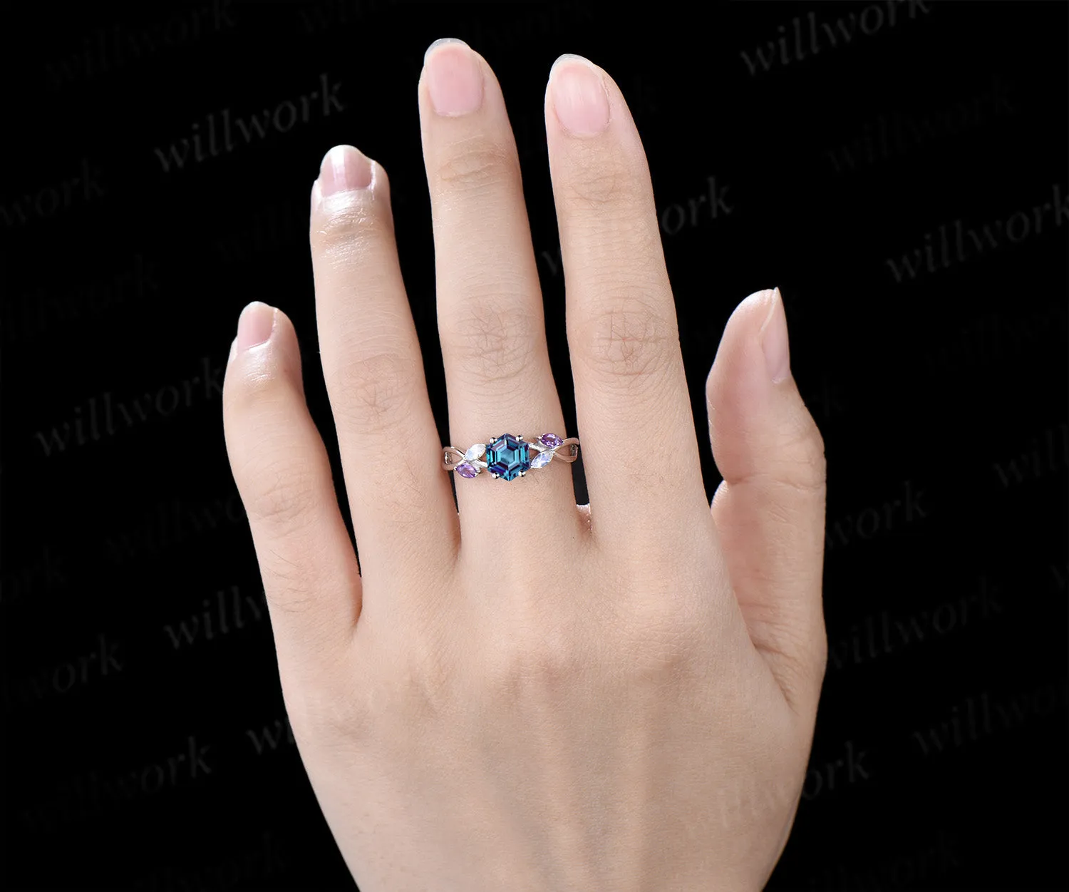 Hexagon cut alexandrite engagement ring marquise moonstone amethyst five stones twisted promise ring sold by Willwork Jewelry product image thumbnail 2