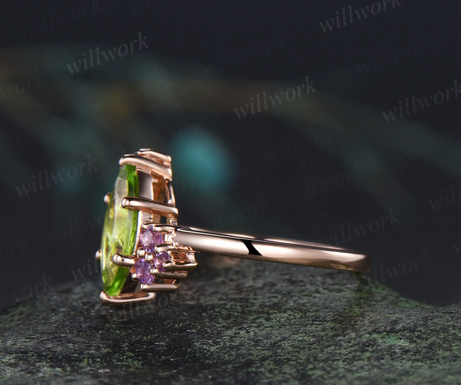 Unique marquise cut peridot engagement ring cluster peridot amethyst bridal wedding ring jewelry gifts sold by Willwork Jewelry product image thumbnail 4