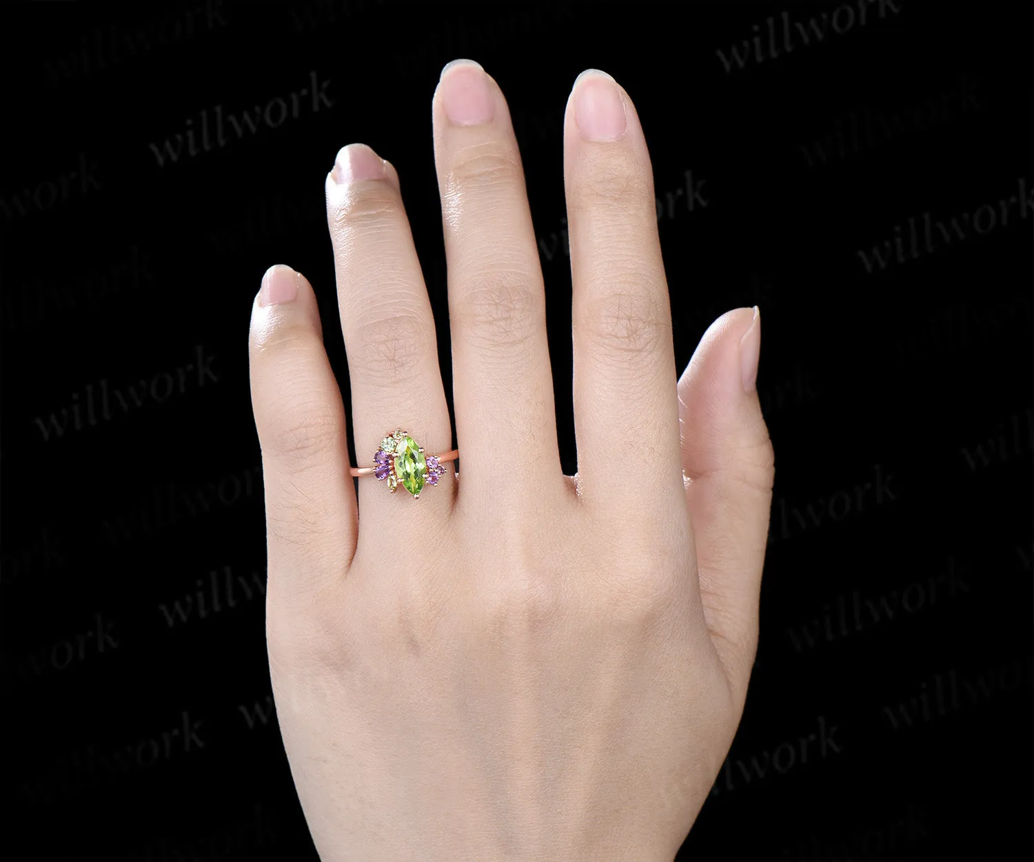 Unique marquise cut peridot engagement ring cluster peridot amethyst bridal wedding ring jewelry gifts sold by Willwork Jewelry product image thumbnail 2