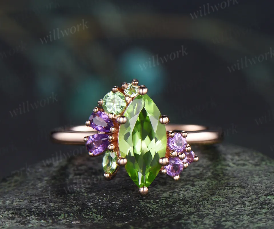 Unique marquise cut peridot engagement ring cluster peridot amethyst bridal wedding ring jewelry gifts made by Willwork Jewelry